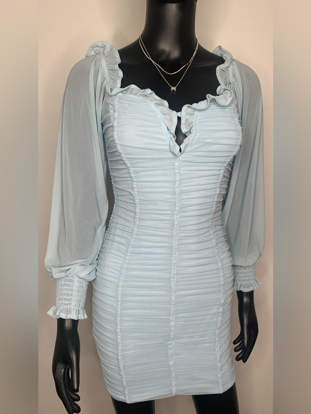 Symphony Light Blue Ruched Ruffle Bodycon Dress with Balloon Sleeves